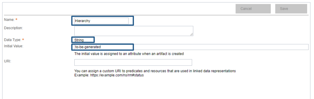 You have to define the name, description and data type, can define initial value and URI